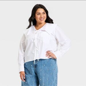 Women's Long Sleeve Relaxed V-Neck Tie-Front Blouse